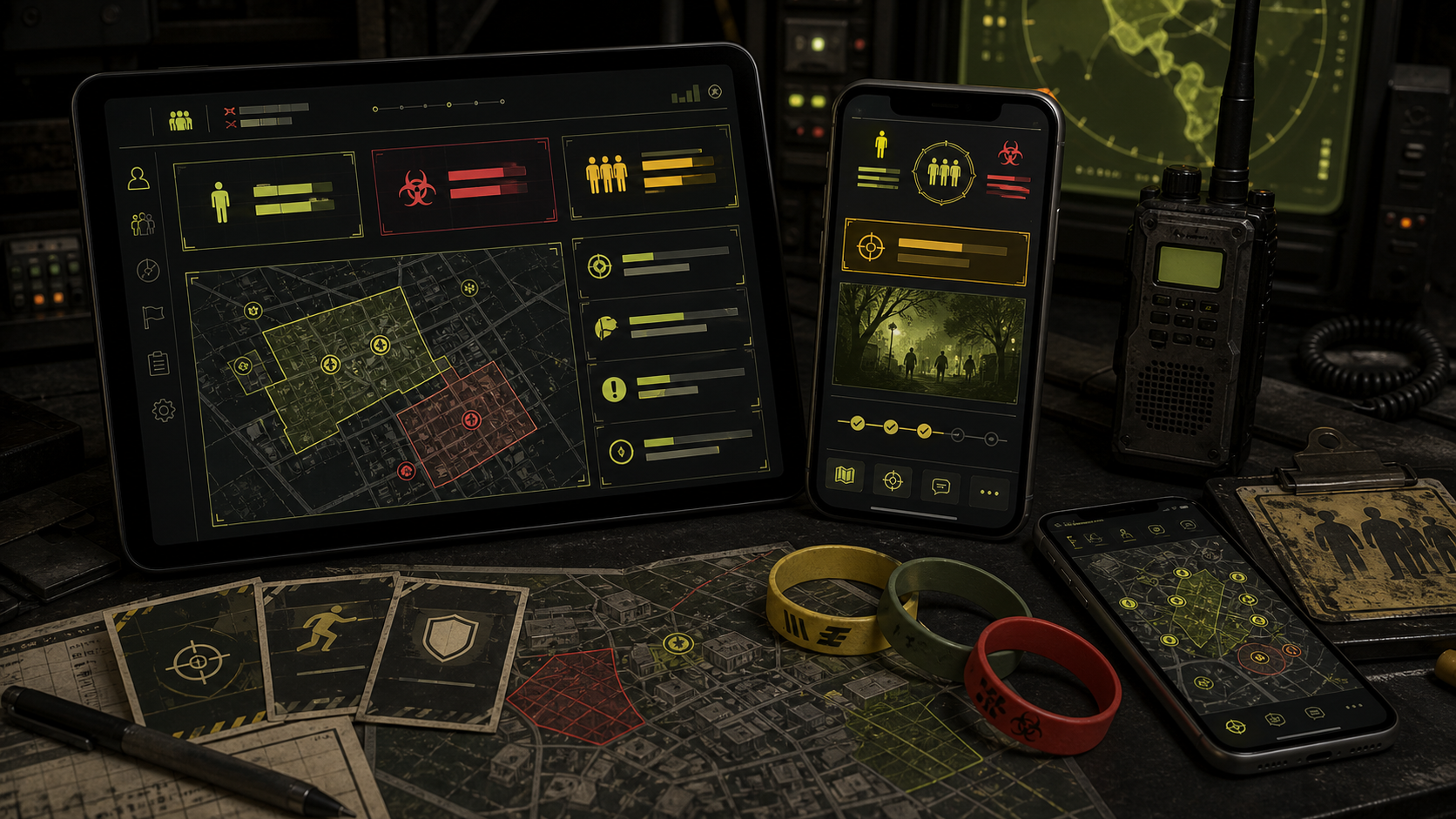 Product illustration of HVZ mobile app screens and moderator dashboard on a command desk