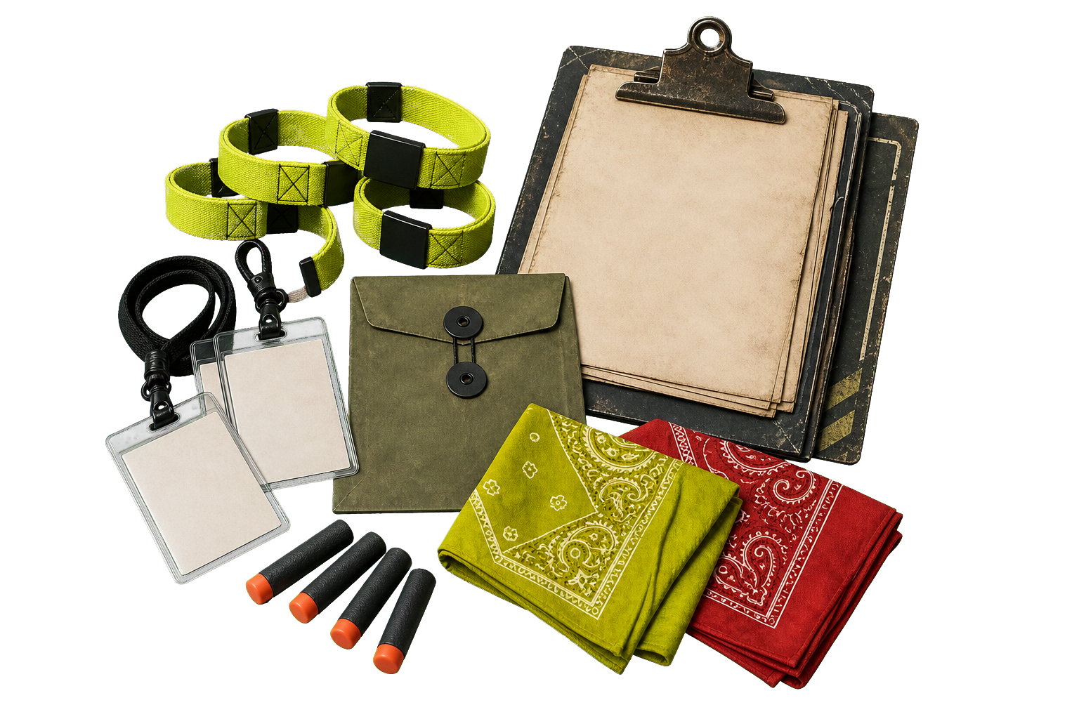 HVZ registration materials including wristbands, blank cards, bandanas, and foam darts